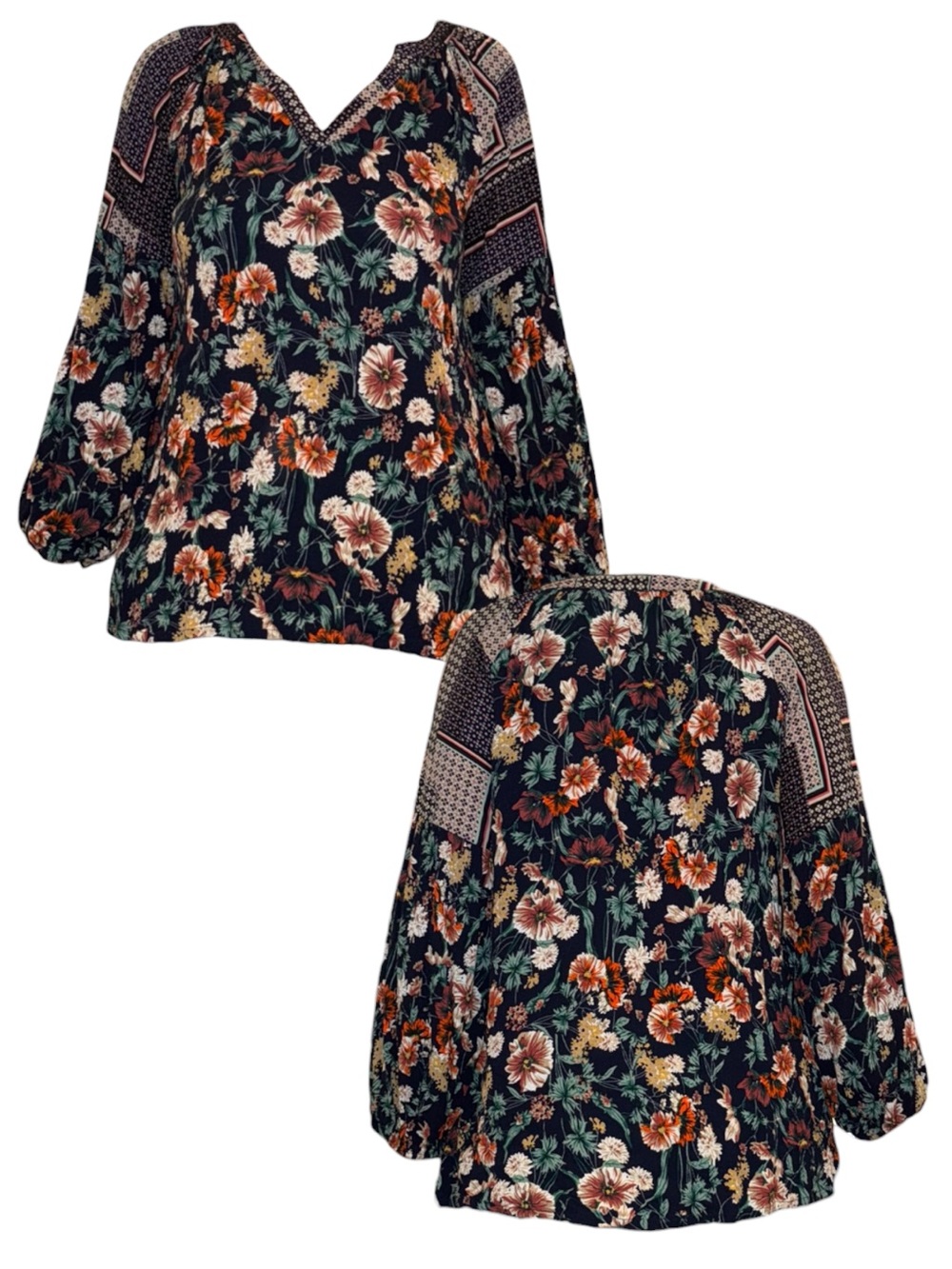 Girls Floral Peasant Top in Black & Rust
